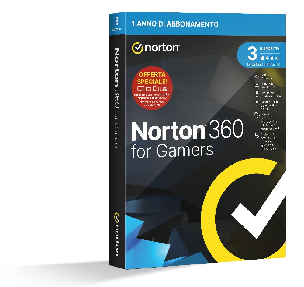 Norton 360 for Gamers 2024 Antivirus per 3 Dispositivi Licenza di 1 anno PC Mac tablet e smartphone Nuovi prodotti